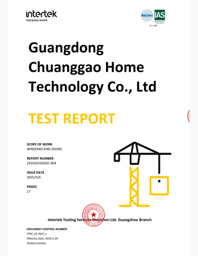 70 Folding Door Test Report supplier document cover