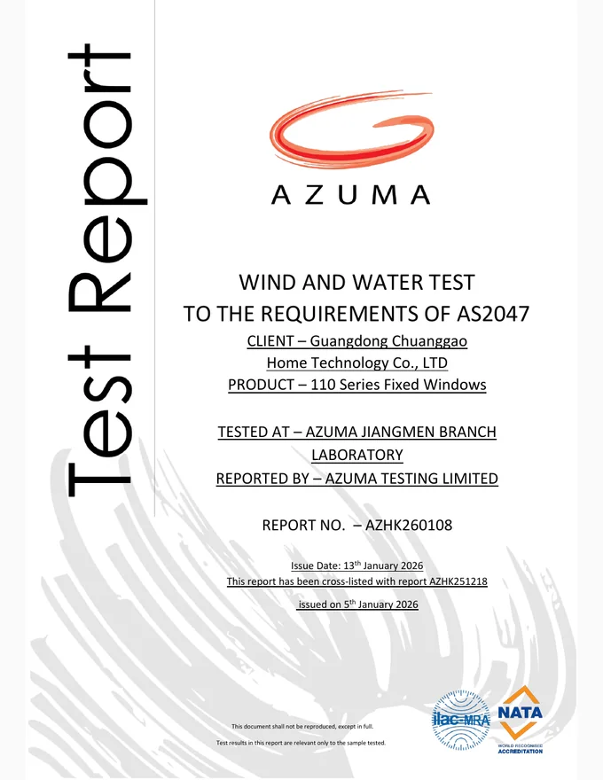 110 Fixed Window Test Report supplier document cover