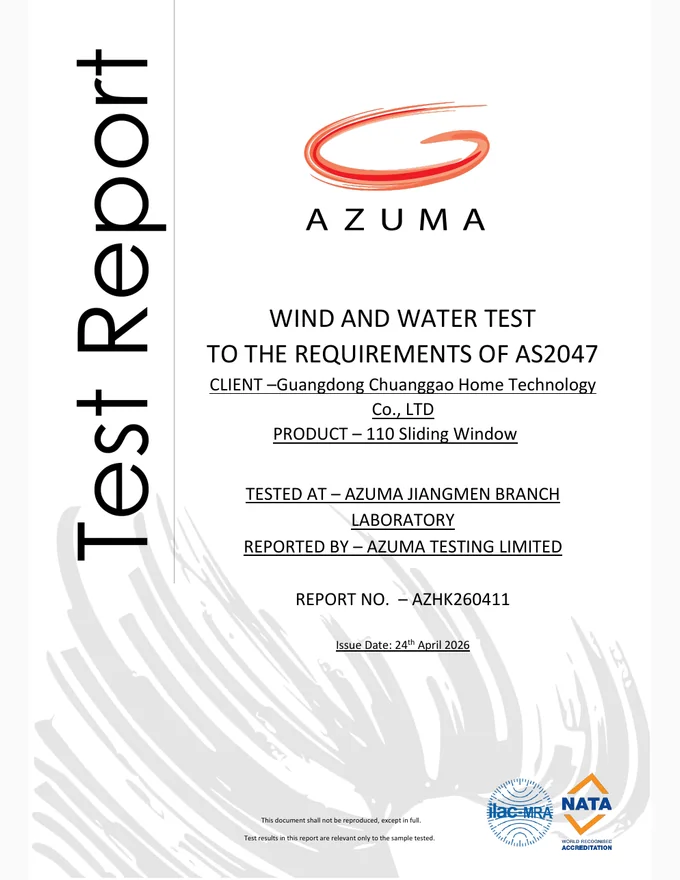110 Sliding Window Test Report supplier document cover