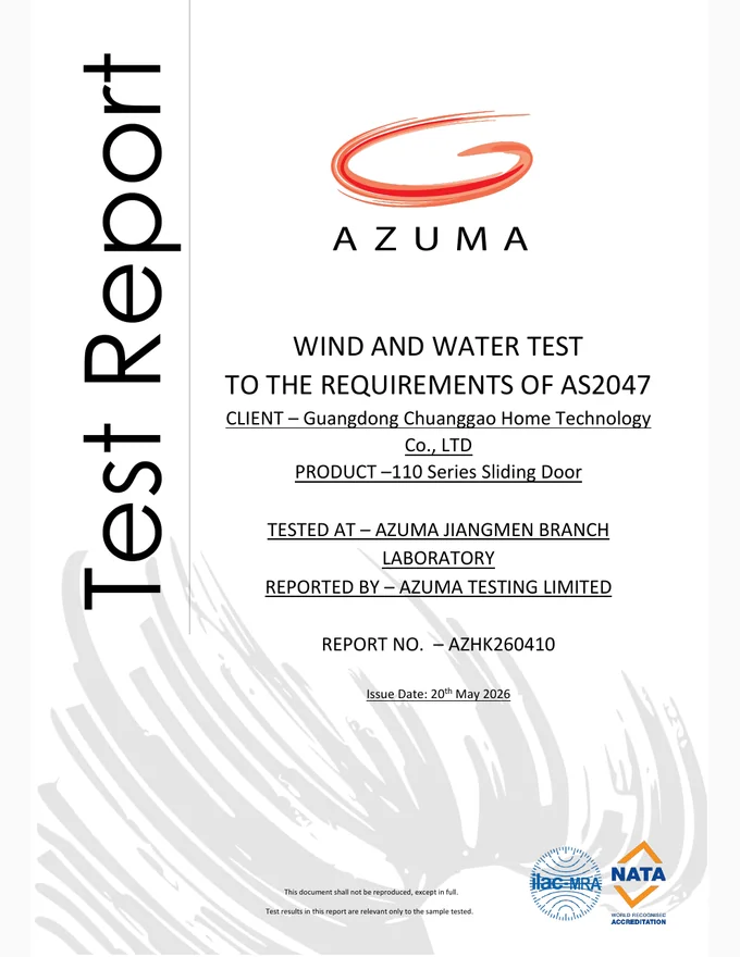 110 Sliding Door Test Report supplier document cover