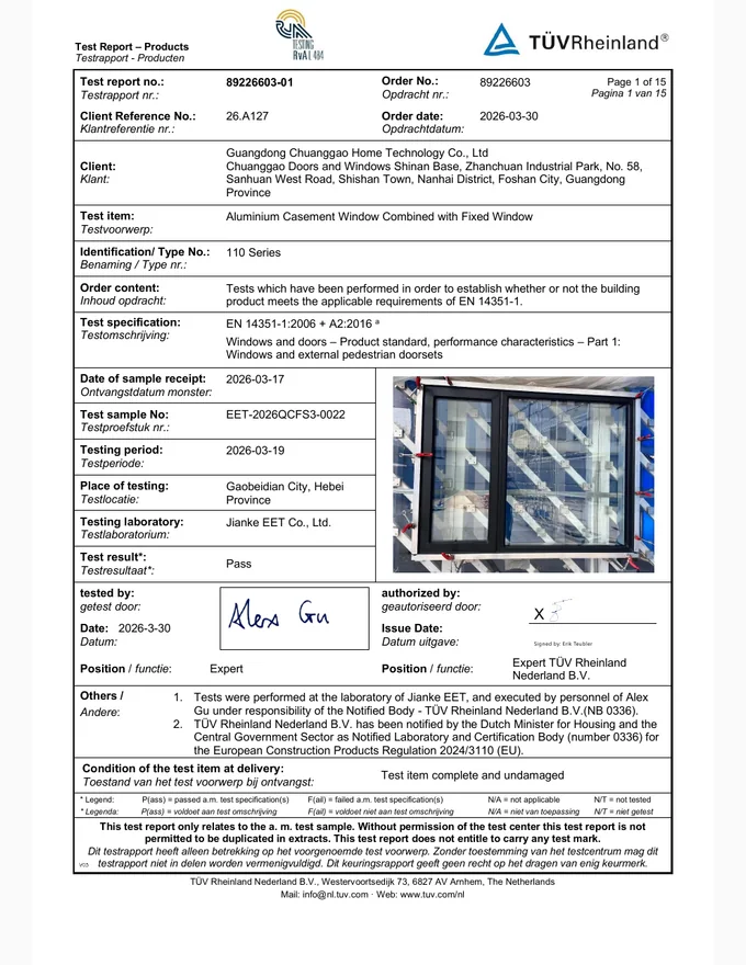 110 Casement Window Test Report supplier document cover