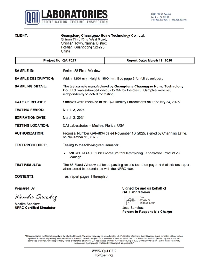 88 Fixed Window Air Leakage Test supplier document cover