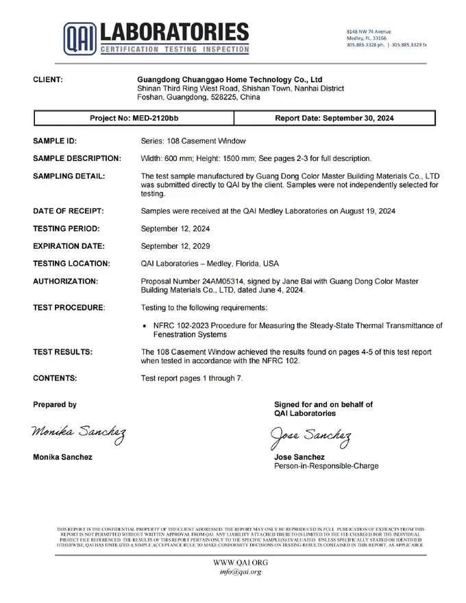 108 Casement Window Thermal Test supplier document cover