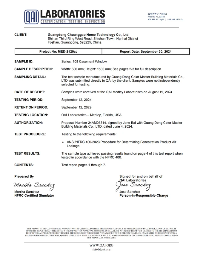 108 Casement Window Air Leakage Test supplier document cover