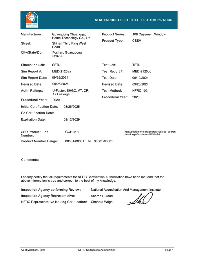 108 Casement Window Certificate supplier document cover