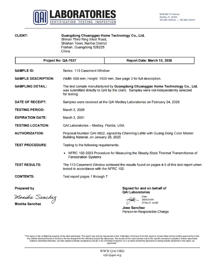 113 Casement Window Thermal Test supplier document cover