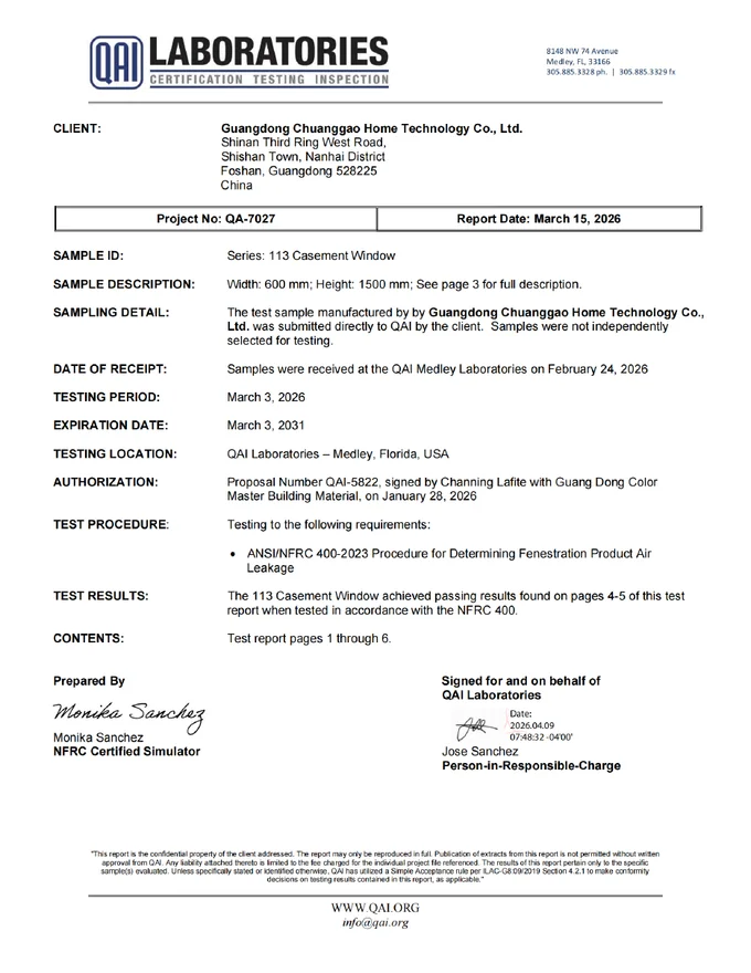 113 Casement Window Air Leakage Test supplier document cover