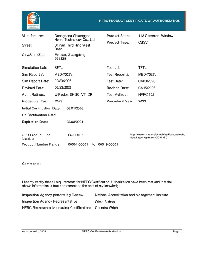 113 Casement Window CA Certificate supplier document cover