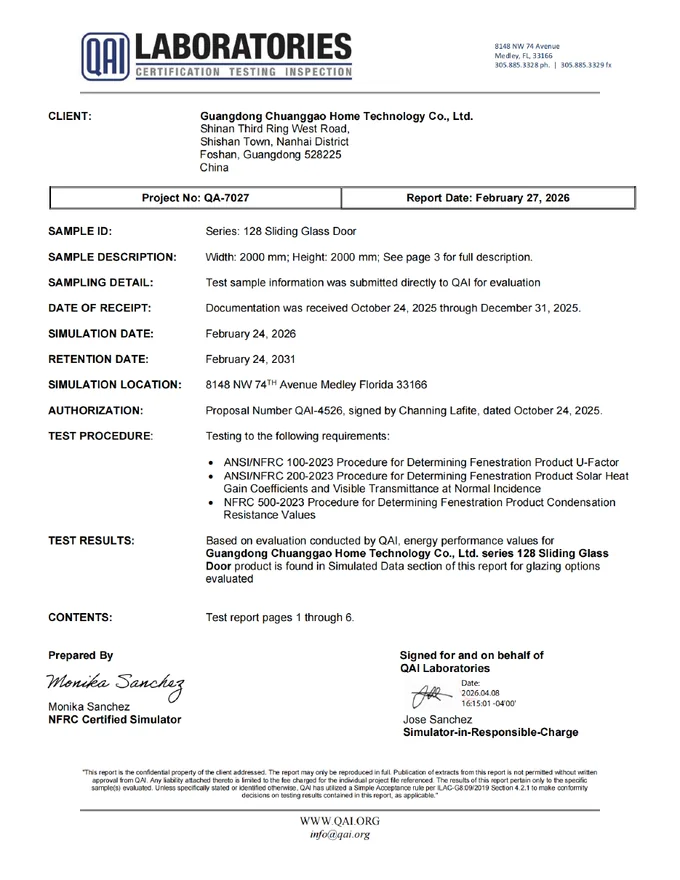 128 Sliding Glass Door Thermal Calculation supplier document cover