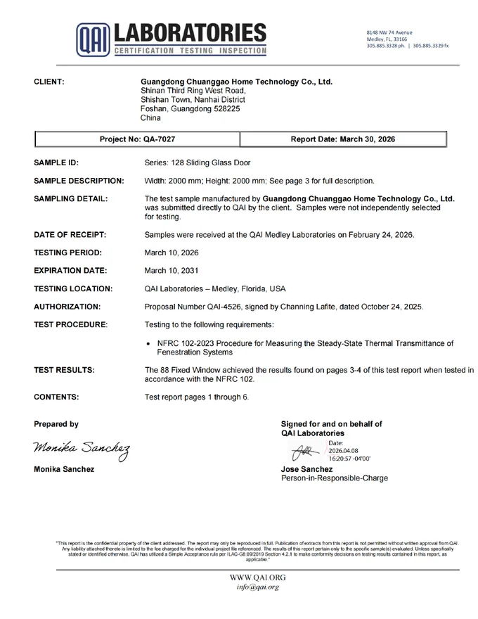 128 Sliding Glass Door Thermal Test supplier document cover