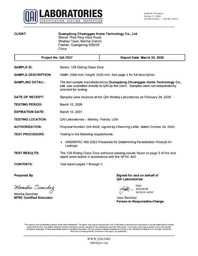 128 Sliding Glass Door Air Leakage Test supplier document cover