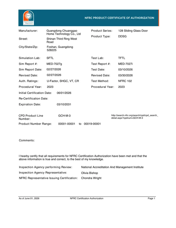 128 Sliding Glass Door CA Certificate supplier document cover