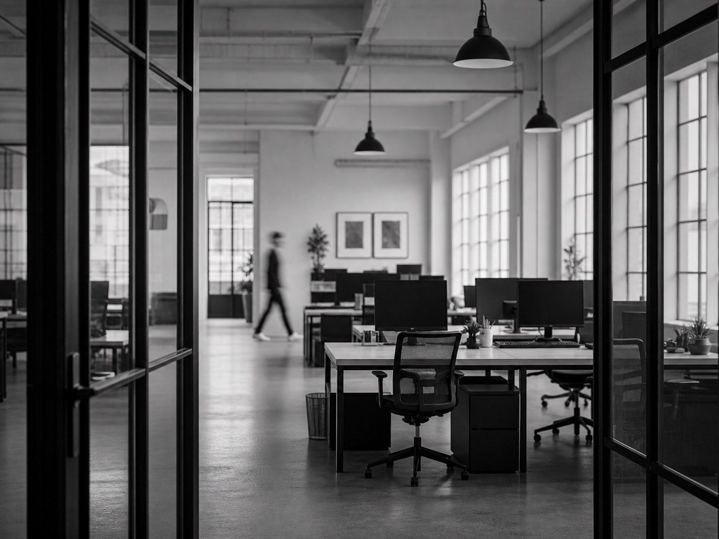 Black-and-white open office seen through glass framing with a person walking in the distance