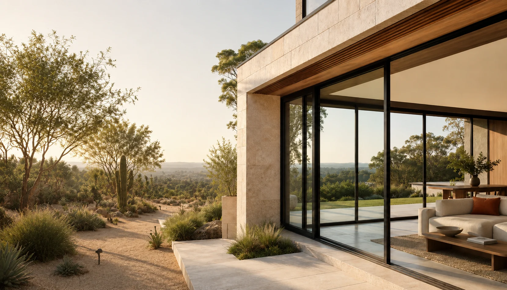 A contemporary home opening to a sunlit landscape through large glazed doors