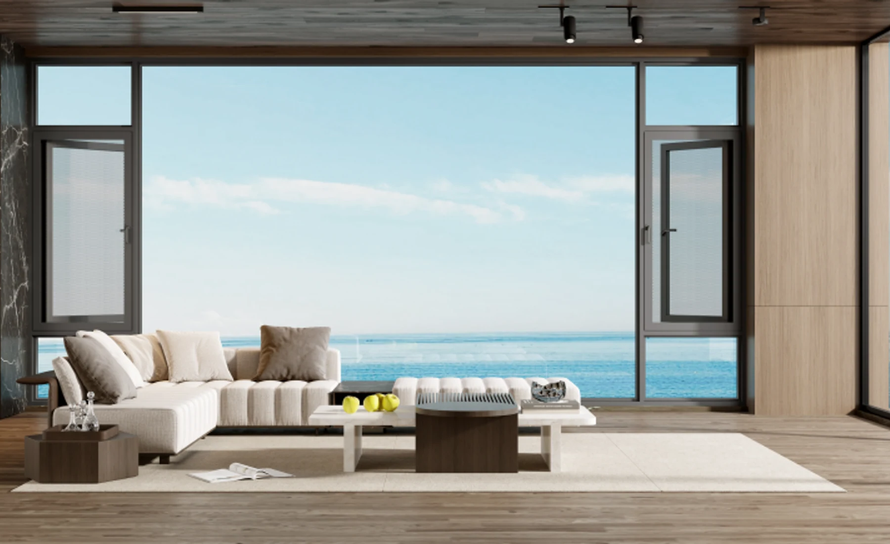 Contemporary living space with dark-framed aluminium windows