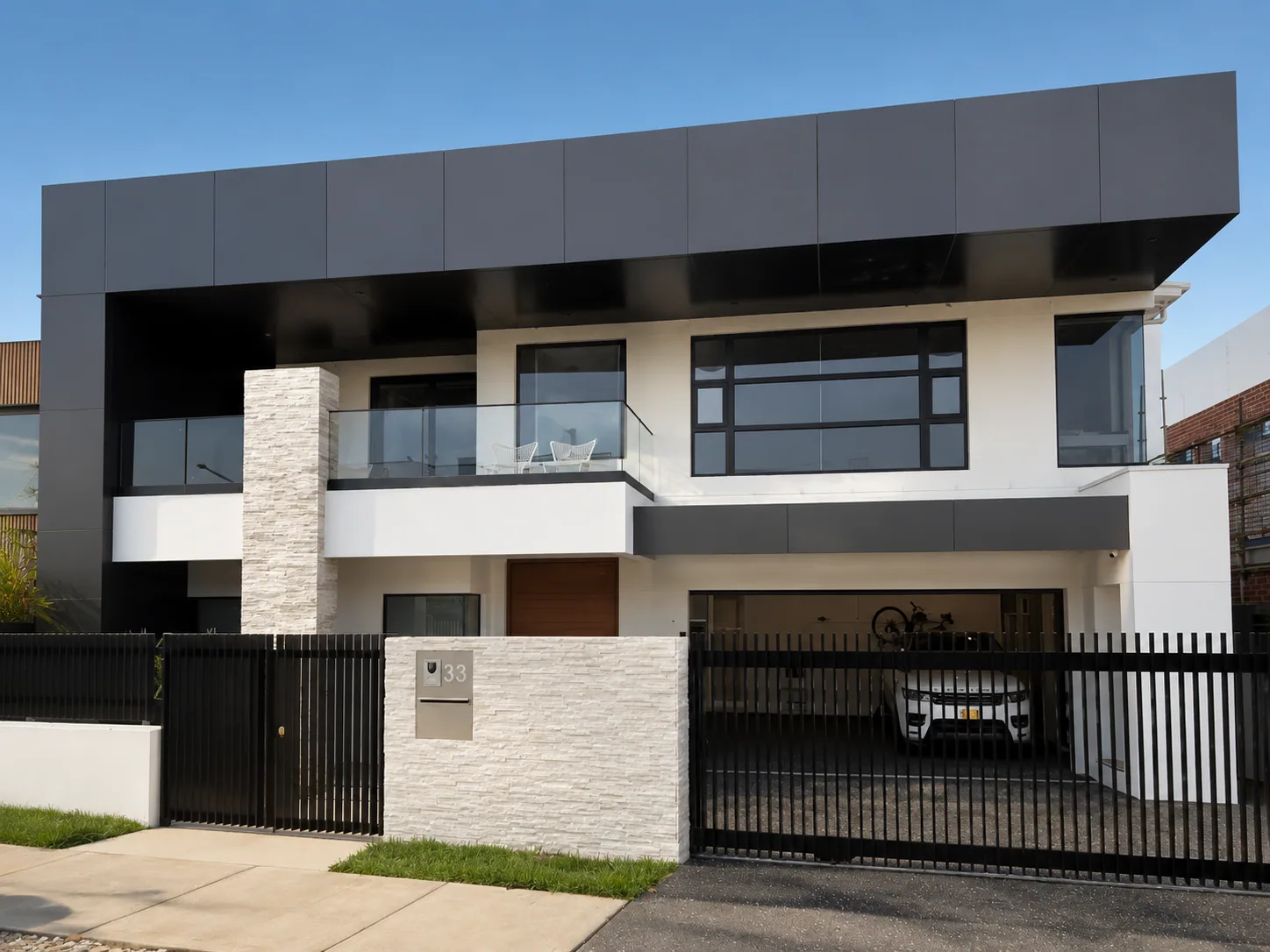 Minimal interior with large aluminium windows looking toward the coast