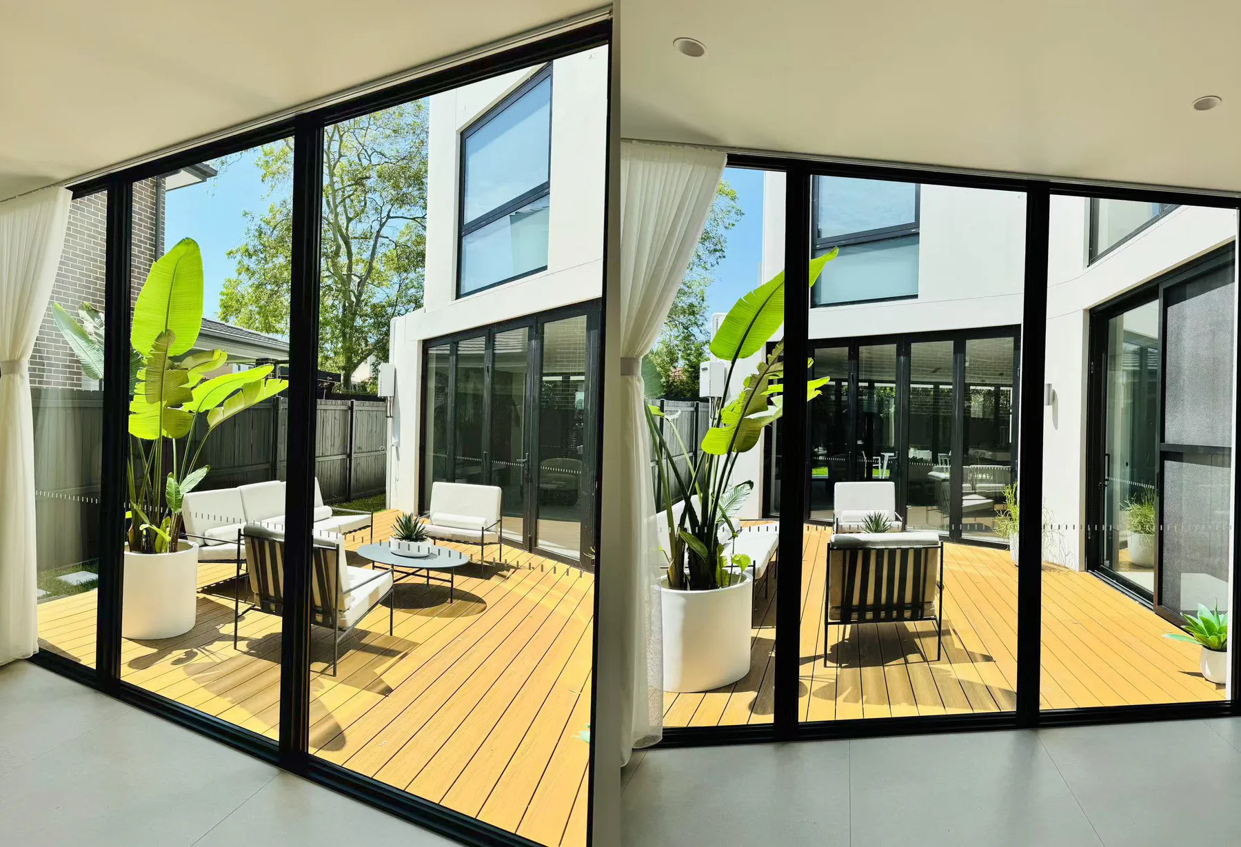Courtyard framed by black sliding doors